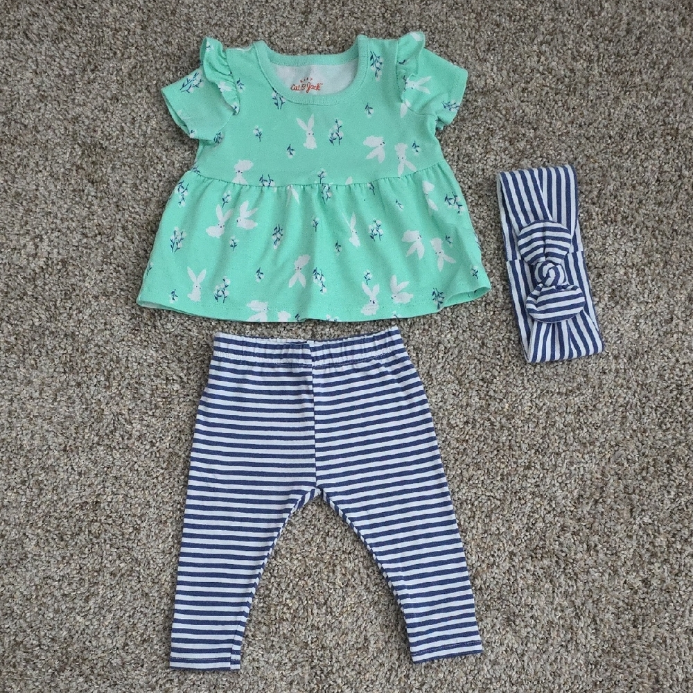 Mint Green Bunny Top and Striped Leggings Set